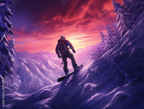 Snowboarder descending a vivid purple lit snowy slope.