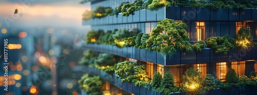 Selective focus on tree and eco friendly building with vertical garden in modern city Green tree forest on sustainable glass building Office building with green environment Go gree