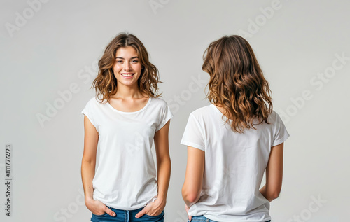 jeune femme qui porte un T-shirt blanc vierge à personnaliser vue de dos et de face