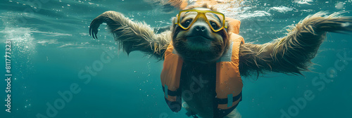 Underwater diving sloth swims in ocean with life jacket and goggles. 