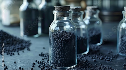 Activated carbon, either as granules or in a clear bottle, is used in gas mask air filters, decaffeinate, gold and metal extraction, water purification, medicine, and sewage treatment.