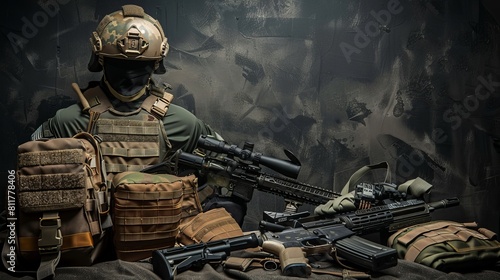 Assault rifle, bulletproof vest, helmet, and other military equipment are displayed, on a black background, 
