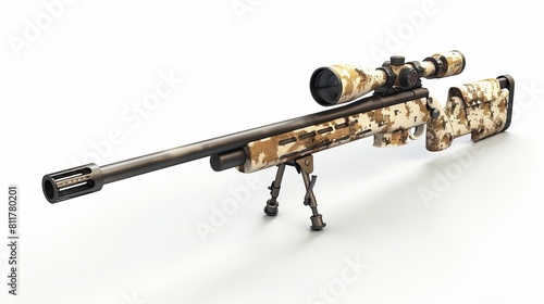 Desert Camouflage Sniper Rifle with a white background in a studio setting.