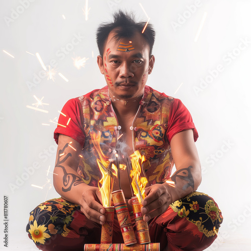 A man preparing to light firecrackers as part of a traditional celebration