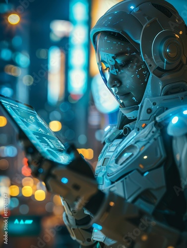 A model dressed as a robot wearing silver, futuristic clothes holding a virtual tablet, with virtual icons A future technology concept, Cinematic lighting