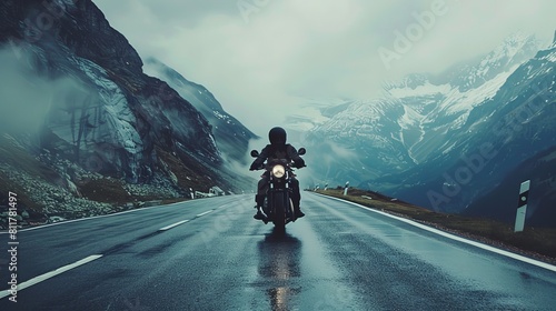 Motorcycle rider on a mountainous highway in Europe, Austria, the Alps, cold, overcast weather, extreme sports, an active lifestyle, and the idea of adventure touring