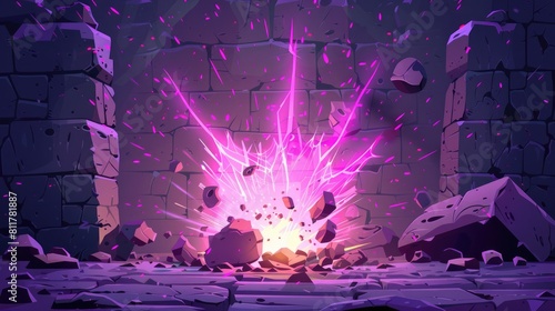 Cartoon Game Art Style Illustration Of Glowing Pink Magic Crack In The Stone Wall