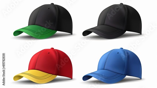A realistic colorful mockup set of black and green, red and yellow, and blue snapback sport hats, seen from both the front and side views. Vector illustration that is isolated. solitary on white