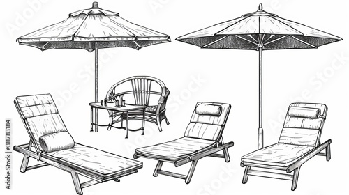 Vector line drawing of a set of Caise Lognue chairs and umbrellas, as well as beach and pool furniture