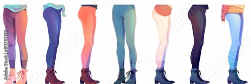 Several pairs of Den Denier opaque tights panties on the legs. Vector side view of a flat template CAD mockup sketch for men and women in a unisex style