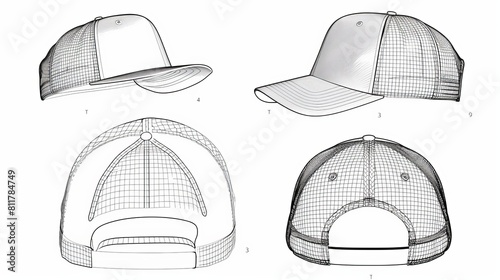 Technical drawing illustration of a trucker hat snapback. Blank streetwear mock-up template for design and tech packs. CAD strap mesh