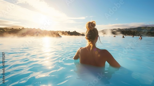 A woman taking advantage of a natural spa Situated on the Reykjanes Peninsula in southwest Iceland, Blue Lagoon is a geothermal spa situated in a lava field close to Grindavk.