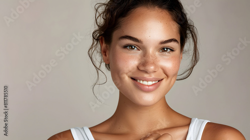 Beautiful young woman mixed race with curly hair on bright background without makeup smiling and looking in the camera