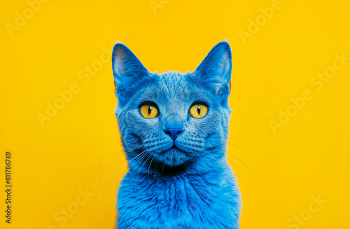 chat avec les poils bleus sur un fond jaune, vu de face - fond jaune 