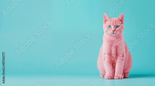 chat avec les poils roses sur un fond bleu, assis, vu de face