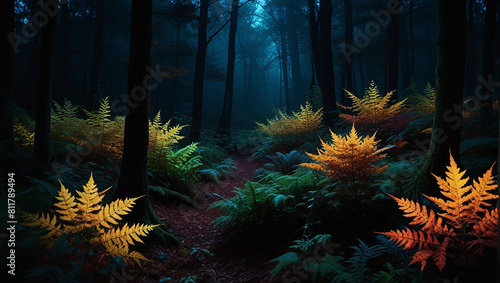 ome ferns in a dark forest. The ferns are lit by a dim light,