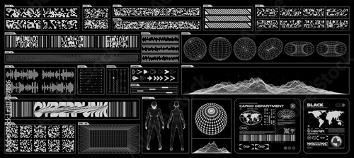 Futuristic design elements. 3D wireframe shapes, cyberpunk windows, barcode and QR-code, high and low poly human. Vector blanks sticker for a poster, banner
