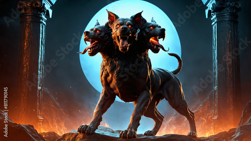 Cerberus, the three-headed guardian of the entrance to the underworld in Greek mythology. 