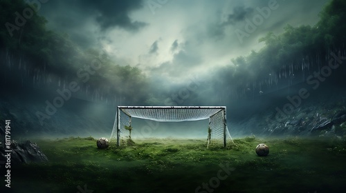 A football field with a goal net