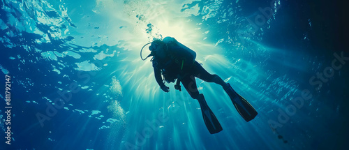 A solo diver explores the serene depths of a sunlit ocean.