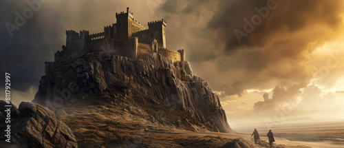Majestic castle perched atop a rugged cliff under a dramatic stormy sky.