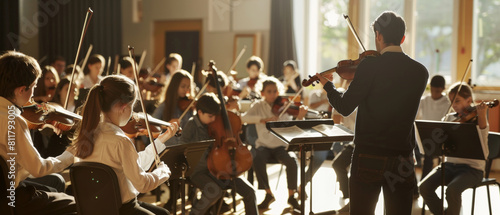 Conductor leads young orchestra in rehearsal, imparting the art of ensemble music.