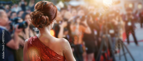 A woman in a glittery red gown captivates on the red carpet surrounded by photographers.