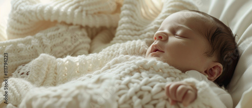 Peaceful infant sleeping soundly wrapped in a soft, knitted blanket.