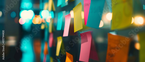 A colorful array of sticky notes on a glass wall illuminated by city lights.