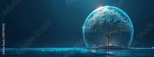 Glass dome as tree protection in digital futuristic polygonal style Glowing growth shielded from the environment by a force field concept of investment in the agricultural sector,