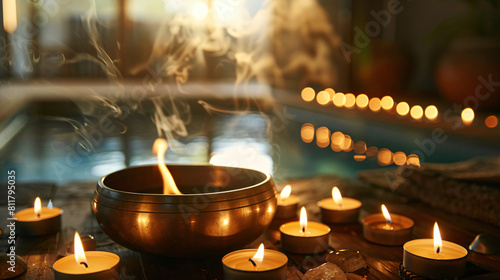 Tibetan singing bowl with aroma candles on table 