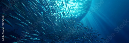 a wide view in ocean with a school of sardines shaped like a sphere