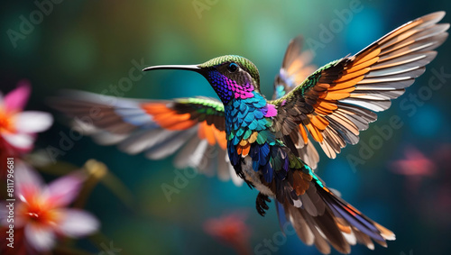 A hummingbird is hovering in front of a blurred background of flowers.