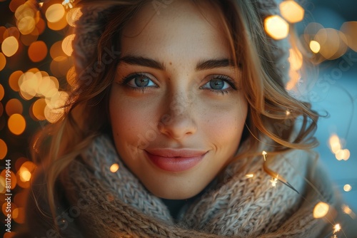 Close-up of a woman's smiling face with surrounding winter lights creating a soft bokeh effect