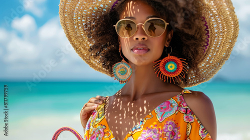Elegant young woman in a colorful maxi dress and large straw hat on a sunny beach