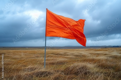 Vibrant orange flag billowing dramatically in the wind with a desolate field and stormy weather