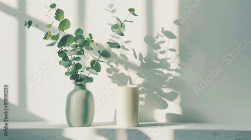 Vase with green eucalyptus branches and candle on shel
