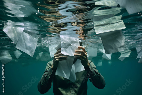 Drowning businessman in the depths of the sea. A man with papers underwater. An office worker is drowning in a sea of papers.