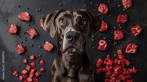 A Great Dane standing over a scattered assortment of raw beef cuts on a stark black mat, emphasizing the size and appetite of the breed