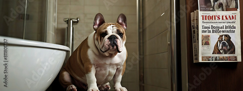 Sophisticated Bulldog: Canine Composure on the Throne of toilet seat and reading newspaper on it, toilet seat