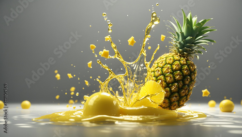 A pineapple surrounded by a splash of yellow liquid.