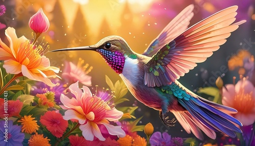 Describe the intricate dance of a hummingbird as it flits between flowers in search of nectar."oiseau, vecteur, fleur, nature, illustration, floral, papillon, animal