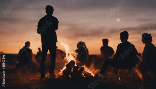 silhouettes of people having fun around a bonfire, sitting, playing guitar, chatting 