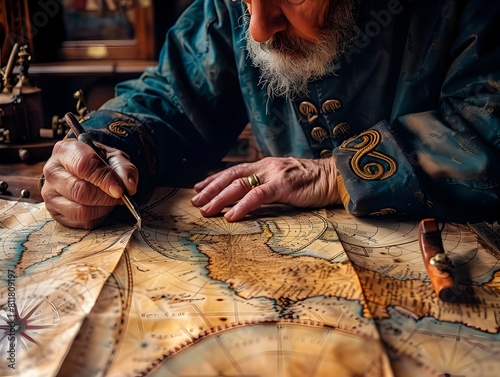 The seasoned Asian ship captain intently plotting a course on a weathered maritime map his skilled hands wielding the essential navigational tools of