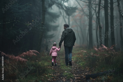 A man and a little girl are walking through a forest