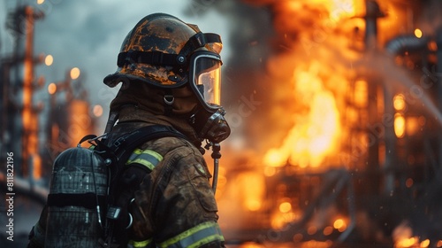 An intense image of a firefighter in full gear, assessing a massive blaze at an industrial facility, highlighting the dangerous and challenging nature of firefighting 8K , high-resolution, ultra HD,up