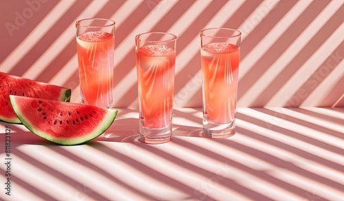 Refreshing summer watermelon juice in tall glasses with striped shadows