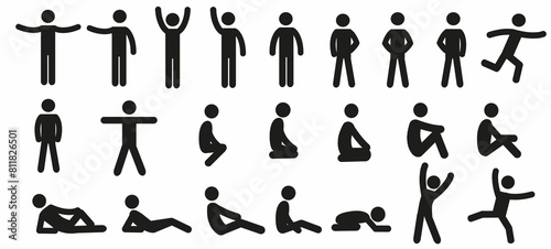 a human figurine, an isolated pictogram of people, a set of different poses and gestures, many human figures in different poses