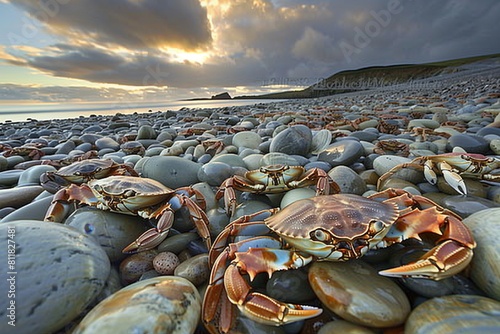 Colorful sea crabs crawled out onto round pebbles