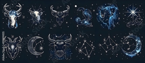Astronomy Zodiac Map Stylish Horoscope Cards Featured with Decorative Constellation Stars and Sketch Symbols